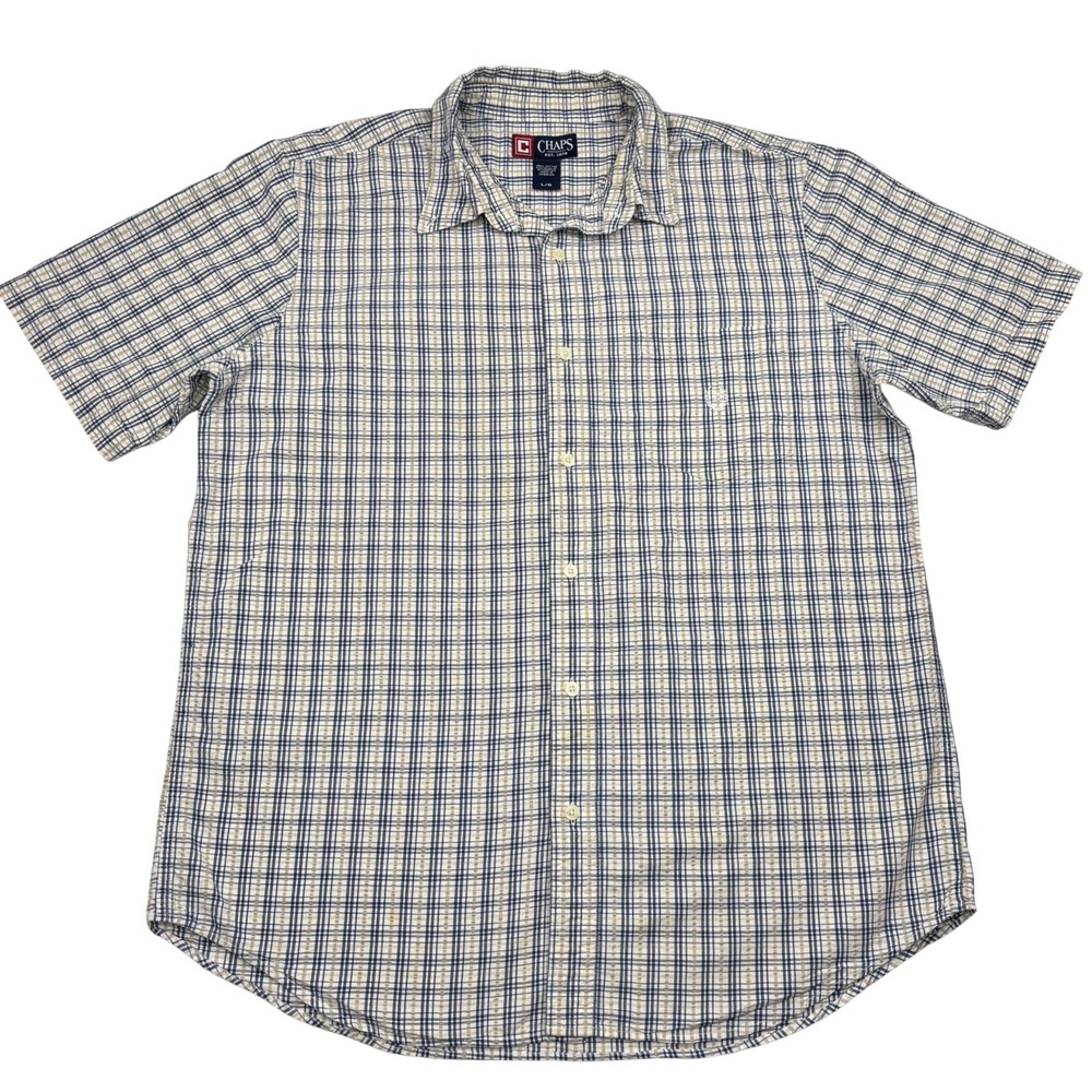 Vintage Chaps Shirt Mens Large Blue Khaki Plaid Seersucker Button Down Short Slv